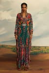 Rajdeep Ranawat_Green Silk Print Boho V Neck Imama Floral Kaftan _Online