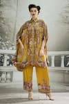 Buy_Rajdeep Ranawat_Yellow Tunic Silk Print Rose Bloom Collared Neck Kamara Permaz With Pant _at_Aza_Fashions