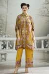 Shop_Rajdeep Ranawat_Yellow Tunic Silk Print Rose Bloom Collared Neck Kamara Permaz With Pant _Online_at_Aza_Fashions