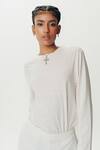 Buy_AK-OK_White Cotton Embossed Calligraphy Round Neck T-shirt _Online_at_Aza_Fashions