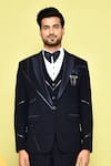 Aryavir Malhotra_Blue Tuxedo And Waistcoat Italian Fabric Embroidered Metallic Stripe Work Set _at_Aza_Fashions