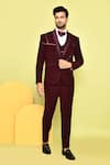 Shop_Aryavir Malhotra_Wine Tuxedo And Waistcoat Italian Fabric Embroidered Stone Pintuck Work Set 