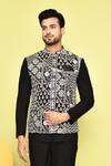 Shop_Aryavir Malhotra_Black Terry Rayon Embroidered Resham Geometric Floral Jacket With Bandhgala Set 