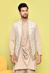 Buy_Aryavir Malhotra_Beige Silk Embroidered Resham Scallop Pattern Jacket With Draped Kurta Set 