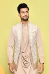 Shop_Aryavir Malhotra_Beige Silk Embroidered Resham Scallop Pattern Jacket With Draped Kurta Set 