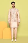 Shop_Aryavir Malhotra_Rose Gold Silk Embroidered Resham Floral Nehru Jacket With Kurta Set _Online_at_Aza_Fashions