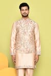 Aryavir Malhotra_Rose Gold Silk Embroidered Resham Floral Nehru Jacket With Kurta Set _at_Aza_Fashions