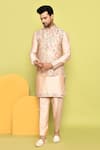 Buy_Aryavir Malhotra_Rose Gold Silk Embroidered Resham Floral Nehru Jacket With Kurta Set 