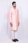 Aryavir Malhotra_Pink Art Silk Embroidered Thread Sherwani With Pant _at_Aza_Fashions