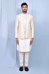 Aryavir Malhotra_Cream Kurta And Pant Art Silk Embroidered Floral Butta Jacket With Set _at_Aza_Fashions