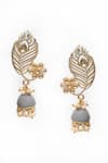 Samyukta Singhania_Grey Stone Peacock Feather Enamelled Jhumkas _Online_at_Aza_Fashions