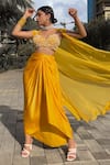 Shop_Mona and Vishu_Yellow Dupion Silk Embroidered Pearl Plunged Sunshine Cape With Drape Skirt Set _at_Aza_Fashions