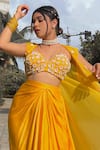 Mona and Vishu_Yellow Dupion Silk Embroidered Pearl Plunged Sunshine Cape With Drape Skirt Set _Online_at_Aza_Fashions