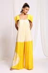 Shop_Ellemora fashions_Yellow Gajji Silk Tie Dye Circle Square Placed Pattern Color Block Jumpsuit _at_Aza_Fashions