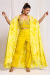 Buy_Ellemora fashions_Yellow Natural Crepe Tie Dye Cloud Pattern Blouse Sweetheart Shrug And Pant Set _Online_at_Aza_Fashions