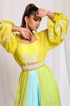 Shop_Ellemora fashions_Yellow Organza Embroidered Bird Blouse Sweetheart Jacket Palazzo Set _at_Aza_Fashions