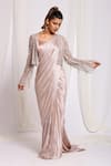 Buy_Ellemora fashions_Pink Pleated Fabric Embroidered Cutdana Blouse V Neck Pre-draped Saree With _at_Aza_Fashions