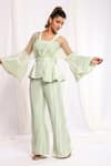 Buy_Ellemora fashions_Green Pleated Fabric Solid Blouse Sweetheart Sheer Peplum Jacket And Palazzo Set _at_Aza_Fashions