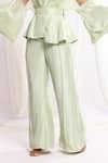 Buy_Ellemora fashions_Green Pleated Fabric Solid Blouse Sweetheart Sheer Peplum Jacket And Palazzo Set _Online_at_Aza_Fashions