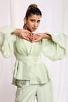 Shop_Ellemora fashions_Green Pleated Fabric Solid Blouse Sweetheart Sheer Peplum Jacket And Palazzo Set _at_Aza_Fashions