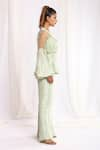 Ellemora fashions_Green Pleated Fabric Solid Blouse Sweetheart Sheer Peplum Jacket And Palazzo Set _at_Aza_Fashions