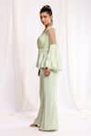 Buy_Ellemora fashions_Green Pleated Fabric Solid Blouse Sweetheart Sheer Peplum Jacket And Palazzo Set 