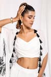 Ellemora fashions_White Natural Crepe Embroidered Leaf Top Cowl V Neck Hand Shrug And Pant Set _at_Aza_Fashions