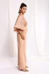 Shop_Ellemora fashions_Beige Shimmer Tissue Solid Off Shoulder Yoke Flared Jumpsuit _at_Aza_Fashions