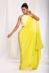 Buy_Ellemora fashions_Yellow Natural Crepe Tie Dye Circle Closed Patch Pre-draped Saree With Blouse _at_Aza_Fashions