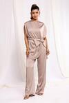 Buy_Ellemora fashions_Beige Zara Satin Solid Closed Neck Tulip Bow Top And Pant Co-ord Set _at_Aza_Fashions