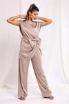 Buy_Ellemora fashions_Beige Zara Satin Solid Closed Neck Tulip Bow Top And Pant Co-ord Set _Online_at_Aza_Fashions