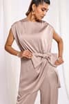 Buy_Ellemora fashions_Beige Zara Satin Solid Closed Neck Tulip Bow Top And Pant Co-ord Set 