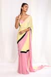 Buy_Ellemora fashions_Yellow Supreme Natural Crepe Solid Color Block Pre-draped Saree With Blouse _at_Aza_Fashions