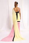 Ellemora fashions_Yellow Supreme Natural Crepe Solid Color Block Pre-draped Saree With Blouse _Online_at_Aza_Fashions