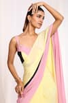 Ellemora fashions_Yellow Supreme Natural Crepe Solid Color Block Pre-draped Saree With Blouse _at_Aza_Fashions