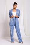 Buy_Ellemora fashions_Blue Natural Crepe Embroidered Cutdana Balzer Blazer And Pant Powersuit Set _at_Aza_Fashions