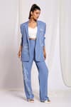 Shop_Ellemora fashions_Blue Natural Crepe Embroidered Cutdana Balzer Blazer And Pant Powersuit Set _at_Aza_Fashions