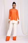 Buy_Ellemora fashions_Orange Linen Solid Round Color Block Top And Pant Set _at_Aza_Fashions