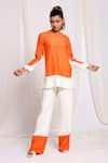 Shop_Ellemora fashions_Orange Linen Solid Round Color Block Top And Pant Set _at_Aza_Fashions