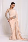 Buy_Ellemora fashions_Gold Natural Crepe Embroidered Cutdana V Bordered Pre-draped Saree With Blouse _at_Aza_Fashions