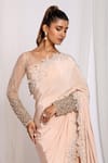 Shop_Ellemora fashions_Gold Natural Crepe Embroidered Cutdana V Bordered Pre-draped Saree With Blouse _at_Aza_Fashions