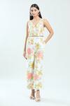 Buy_Priti Sahni_Ivory Silk Sequins, Mirrors V-neck Floral Hand Painted Jumpsuit _at_Aza_Fashions