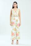 Priti Sahni_Ivory Silk Sequins, Mirrors V-neck Floral Hand Painted Jumpsuit _Online_at_Aza_Fashions
