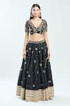 Priti Sahni_Black Raw Silk Hand Embroidered Mirror V Neck Floral Lehenga Blouse Set _Online_at_Aza_Fashions