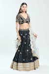 Buy_Priti Sahni_Black Raw Silk Hand Embroidered Mirror V Neck Floral Lehenga Blouse Set _Online_at_Aza_Fashions