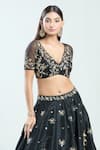 Shop_Priti Sahni_Black Raw Silk Hand Embroidered Mirror V Neck Floral Lehenga Blouse Set _Online_at_Aza_Fashions