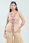 Priti Sahni_Beige Organza Hand Embroidered 3d Sequin V Neck Peplum Top With Sharara _at_Aza_Fashions