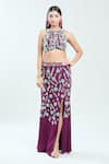 Buy_Priti Sahni_Purple Double Georgette Embroidered Floral Round Blouse And Slit Skirt Set _at_Aza_Fashions