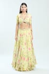 Priti Sahni_Yellow Georgette Embroidered Mirror V Neck Floral Lehenga Set _Online_at_Aza_Fashions