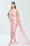 Buy_Priti Sahni_Pink Georgette Printed Floral Sweetheart Pre-draped Saree With Bustier _at_Aza_Fashions